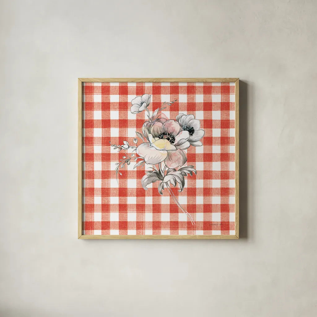 Sketchbook Garden X Red Checker by Danhui Nai. Shown in a natural wood glass frame for a timeless modern aesthetic. Available as an archival giclee rolled canvas, fine art paper, or poster print. SKU 42824a.