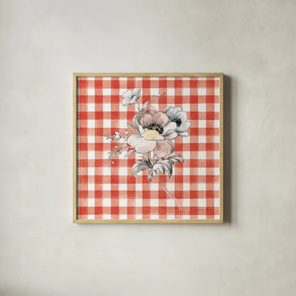 Sketchbook Garden X Red Checker by Danhui Nai. Shown in a natural wood glass frame for a timeless modern aesthetic. Available as an archival giclee rolled canvas, fine art paper, or poster print. SKU 42824a.