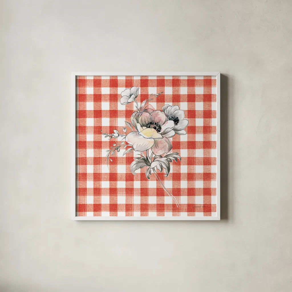 Sketchbook Garden X Red Checker by Danhui Nai. Shown in a crisp white glass frame for a clean and minimalist style. Available as an archival giclee rolled canvas, fine art paper, or poster print. SKU 42824a.