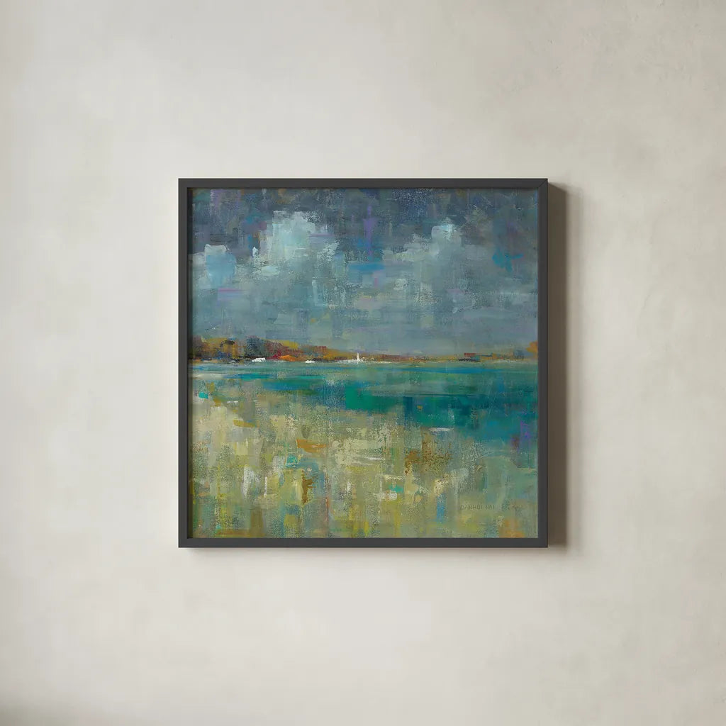 Sky and Sea Crop by Danhui Nai. Shown in a sleek black glass frame for a contemporary gallery look. Available as an archival giclee rolled canvas, fine art paper, or poster print. SKU 17174a.