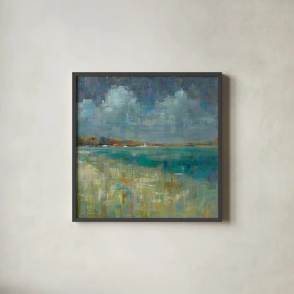 Sky and Sea Crop by Danhui Nai. Shown in a sleek black glass frame for a contemporary gallery look. Available as an archival giclee rolled canvas, fine art paper, or poster print. SKU 17174a.