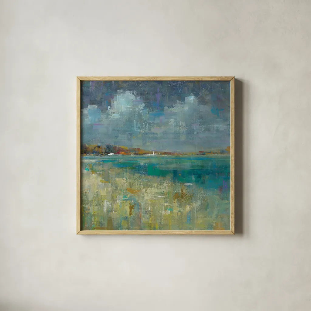 Sky and Sea Crop by Danhui Nai. Shown in a natural wood glass frame for a timeless modern aesthetic. Available as an archival giclee rolled canvas, fine art paper, or poster print. SKU 17174a.