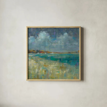 Sky and Sea Crop by Danhui Nai. Shown in a natural wood glass frame for a timeless modern aesthetic. Available as an archival giclee rolled canvas, fine art paper, or poster print. SKU 17174a.