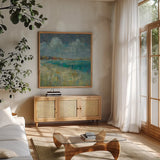 Sky and Sea Crop by Danhui Nai. Shown in a natural wood frame in a cozy modern living room. Available as an archival giclee rolled canvas, fine art paper, or poster print. SKU 17174a.