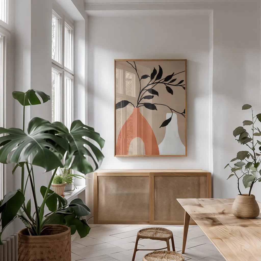 Slender Stems I Crop by Danhui Nai. shown as a print in a natural wood frame in a dining room. Available as a archival giclee rolled canvas, fine art paper, or poster print. SKU 79290h.