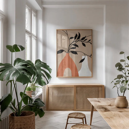 Slender Stems I Crop by Danhui Nai. shown as a print in a natural wood frame in a dining room. Available as a archival giclee rolled canvas, fine art paper, or poster print. SKU 79290h.