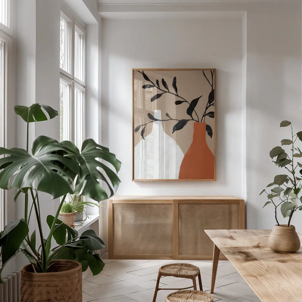 Slender Stems II Terracotta Crop by Danhui Nai. shown as a print in a natural wood frame in a dining room. Available as a archival giclee rolled canvas, fine art paper, or poster print. SKU 80192h.