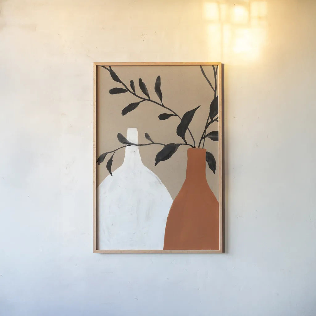 Slender Stems II Terracotta Crop by Danhui Nai. shown as a paper print in a natural frame. Available as a archival giclee rolled canvas, fine art paper, or poster print. SKU 80192h.