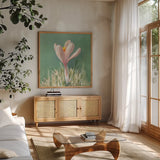 Soft Crocus by Danhui Nai. Shown in a natural wood frame in a cozy modern living room. Available as an archival giclee rolled canvas, fine art paper, or poster print. SKU 72636a.