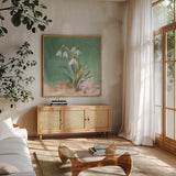 Soft Dewdrops by Danhui Nai. Shown in a natural wood frame in a cozy modern living room. Available as an archival giclee rolled canvas, fine art paper, or poster print. SKU 72637a.
