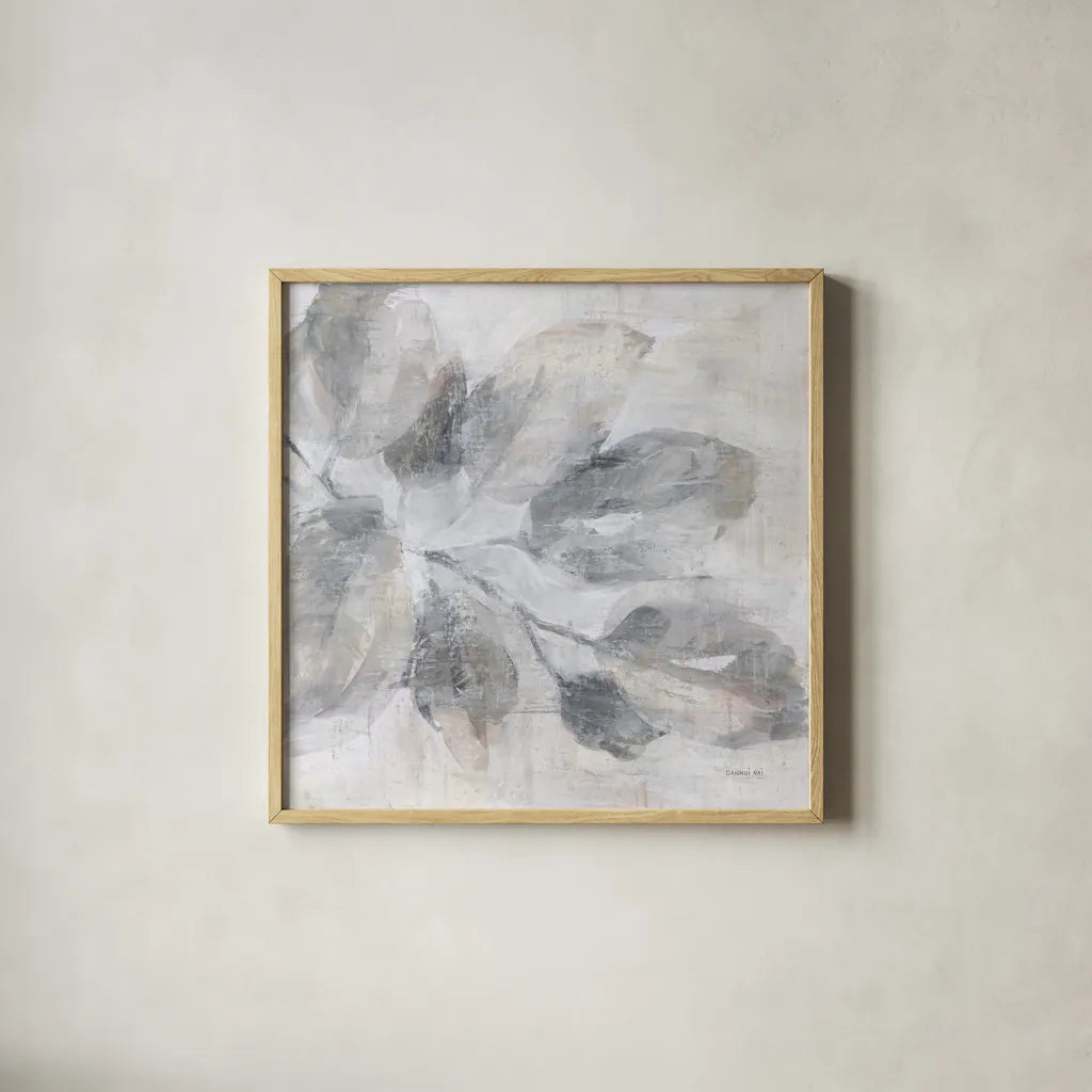 Soft Leaves I by Danhui Nai. Shown in a natural wood glass frame for a timeless modern aesthetic. Available as an archival giclee rolled canvas, fine art paper, or poster print. SKU 84438a.