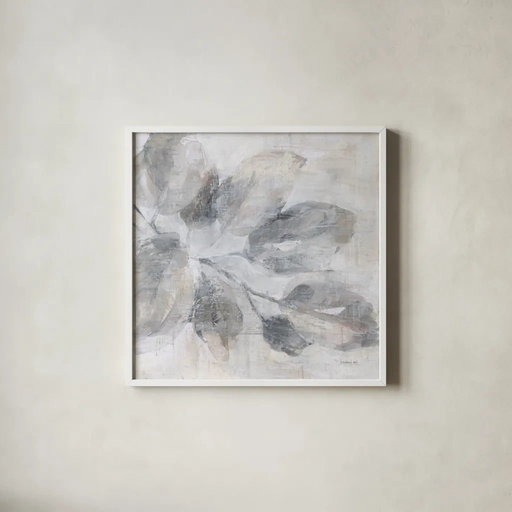 Soft Leaves I by Danhui Nai. Shown in a crisp white glass frame for a clean and minimalist style. Available as an archival giclee rolled canvas, fine art paper, or poster print. SKU 84438a.