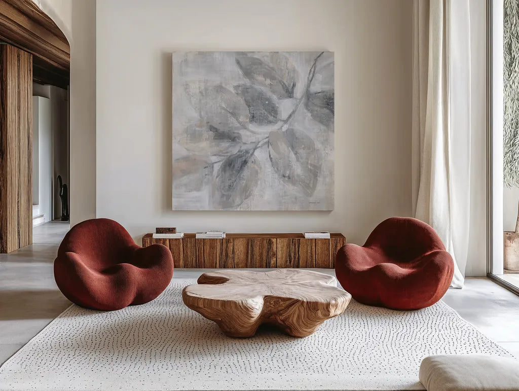 Soft Leaves II by Danhui Nai. Shown as extra-large giant wall art in a modern living room. Available as an archival giclee rolled canvas, fine art paper, or poster print. SKU 84439a.