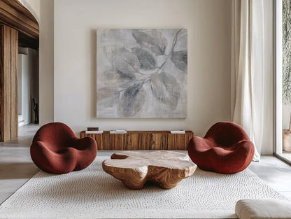 Soft Leaves II by Danhui Nai. Shown as extra-large giant wall art in a modern living room. Available as an archival giclee rolled canvas, fine art paper, or poster print. SKU 84439a.