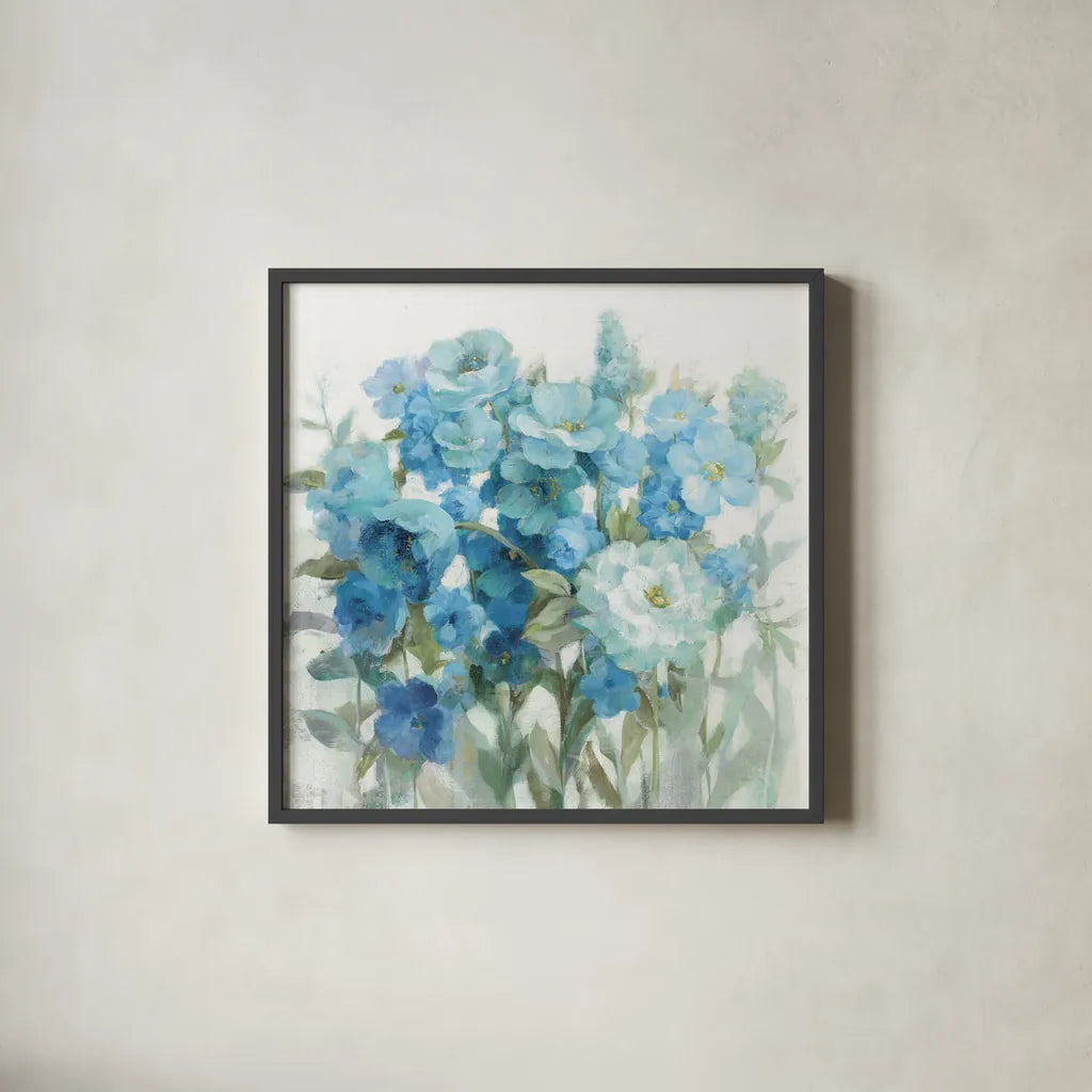 Soft Summer Blues by Danhui Nai. Shown in a sleek black glass frame for a contemporary gallery look. Available as an archival giclee rolled canvas, fine art paper, or poster print. SKU 57587a.