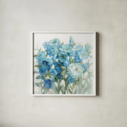 Soft Summer Blues by Danhui Nai. Shown in a crisp white glass frame for a clean and minimalist style. Available as an archival giclee rolled canvas, fine art paper, or poster print. SKU 57587a.