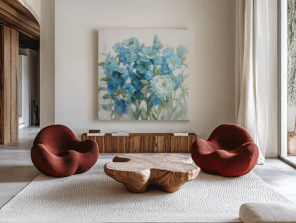 Soft Summer Blues by Danhui Nai. Shown as extra-large giant wall art in a modern living room. Available as an archival giclee rolled canvas, fine art paper, or poster print. SKU 57587a.