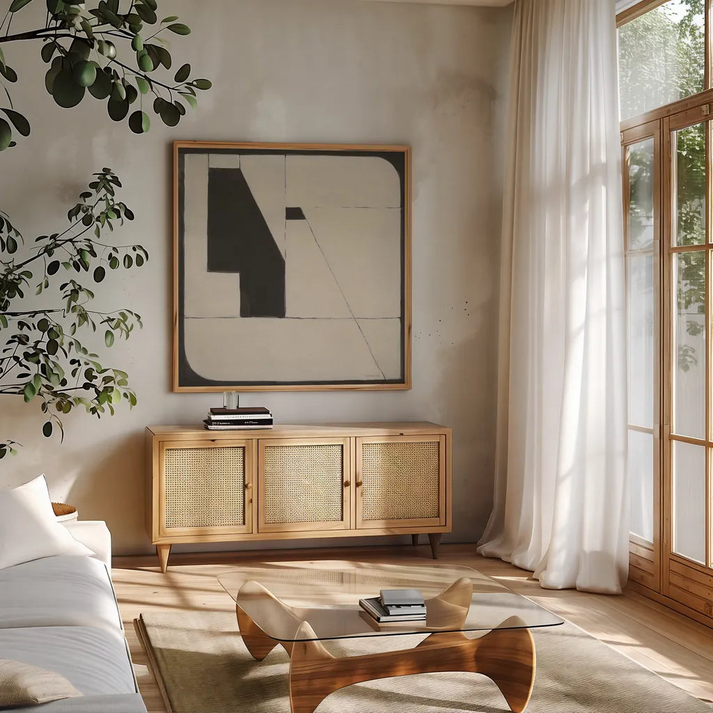 Someday Soon Tan by Danhui Nai. Shown in a natural wood frame in a cozy modern living room. Available as an archival giclee rolled canvas, fine art paper, or poster print. SKU 86781a.