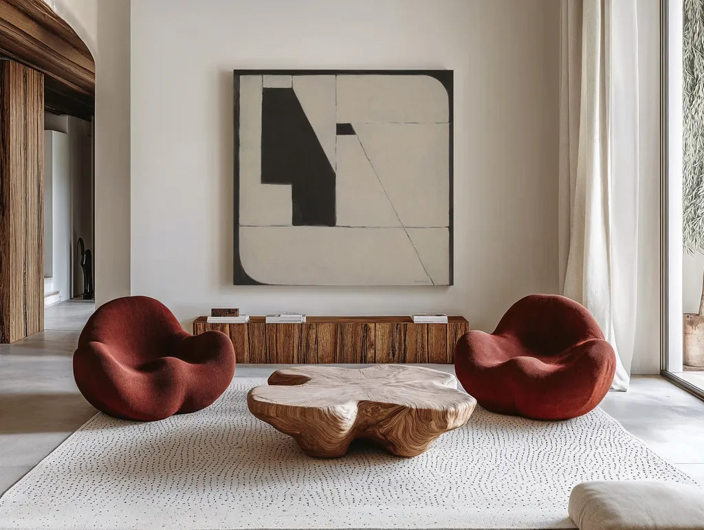 Someday Soon Tan by Danhui Nai. Shown as extra-large giant wall art in a modern living room. Available as an archival giclee rolled canvas, fine art paper, or poster print. SKU 86781a.