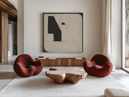 Someday Soon Tan by Danhui Nai. Shown as extra-large giant wall art in a modern living room. Available as an archival giclee rolled canvas, fine art paper, or poster print. SKU 86781a.