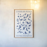 Songbird Celebration Bible Quote by Danhui Nai. shown as a paper print in a natural frame. Available as a archival giclee rolled canvas, fine art paper, or poster print. SKU 98884h.
