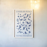 Songbird Celebration Bible Quote by Danhui Nai. shown as a paper print in a white frame. Available as a archival giclee rolled canvas, fine art paper, or poster print. SKU 98884h.