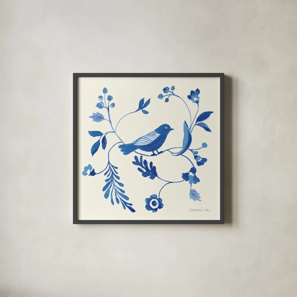 Songbird Celebration II by Danhui Nai. Shown in a sleek black glass frame for a contemporary gallery look. Available as an archival giclee rolled canvas, fine art paper, or poster print. SKU 63410a.