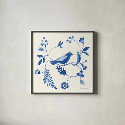 Songbird Celebration II by Danhui Nai. Shown in a sleek black glass frame for a contemporary gallery look. Available as an archival giclee rolled canvas, fine art paper, or poster print. SKU 63410a.