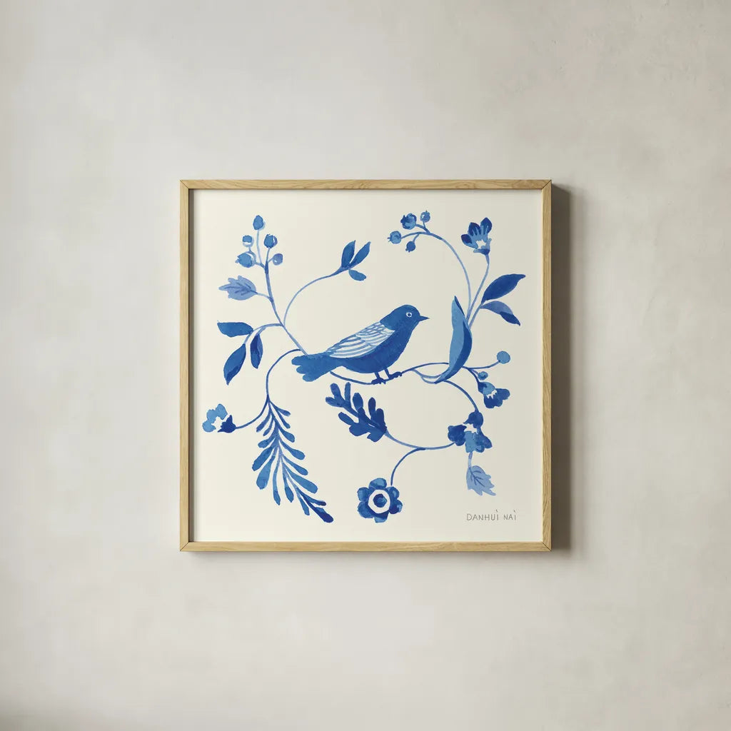 Songbird Celebration II by Danhui Nai. Shown in a natural wood glass frame for a timeless modern aesthetic. Available as an archival giclee rolled canvas, fine art paper, or poster print. SKU 63410a.