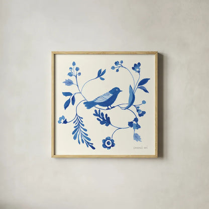 Songbird Celebration II by Danhui Nai. Shown in a natural wood glass frame for a timeless modern aesthetic. Available as an archival giclee rolled canvas, fine art paper, or poster print. SKU 63410a.