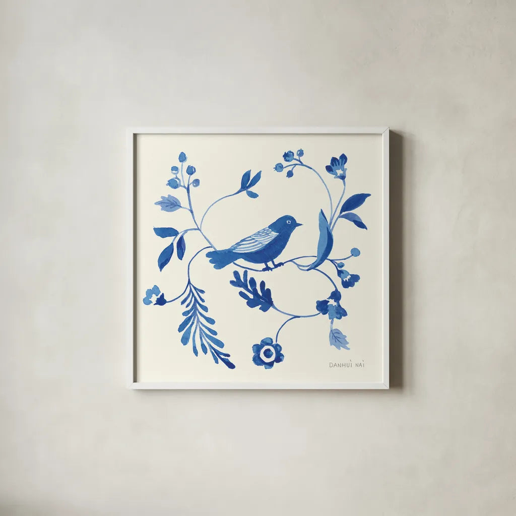 Songbird Celebration II by Danhui Nai. Shown in a crisp white glass frame for a clean and minimalist style. Available as an archival giclee rolled canvas, fine art paper, or poster print. SKU 63410a.