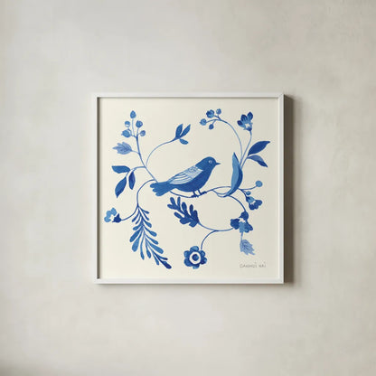 Songbird Celebration II by Danhui Nai. Shown in a crisp white glass frame for a clean and minimalist style. Available as an archival giclee rolled canvas, fine art paper, or poster print. SKU 63410a.