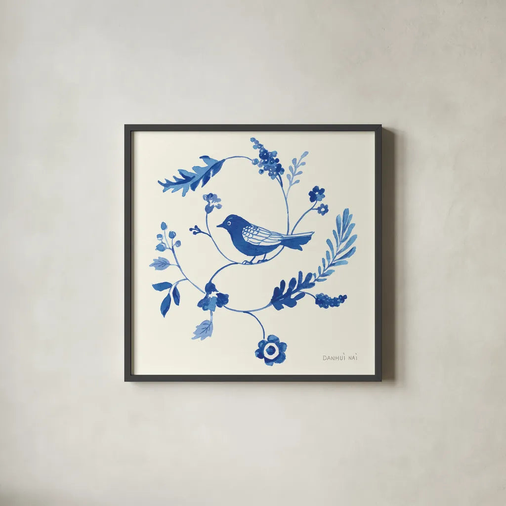 Songbird Celebration III by Danhui Nai. Shown in a sleek black glass frame for a contemporary gallery look. Available as an archival giclee rolled canvas, fine art paper, or poster print. SKU 63411a.