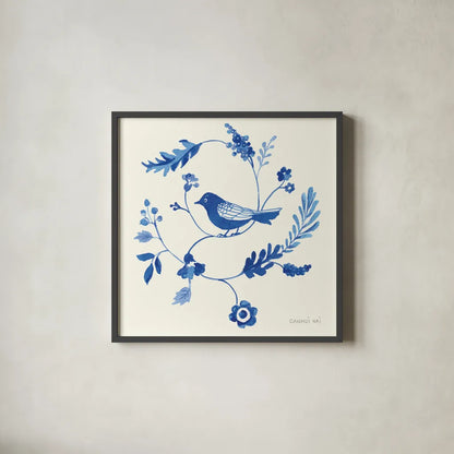Songbird Celebration III by Danhui Nai. Shown in a sleek black glass frame for a contemporary gallery look. Available as an archival giclee rolled canvas, fine art paper, or poster print. SKU 63411a.