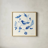 Songbird Celebration III by Danhui Nai. Shown in a natural wood glass frame for a timeless modern aesthetic. Available as an archival giclee rolled canvas, fine art paper, or poster print. SKU 63411a.