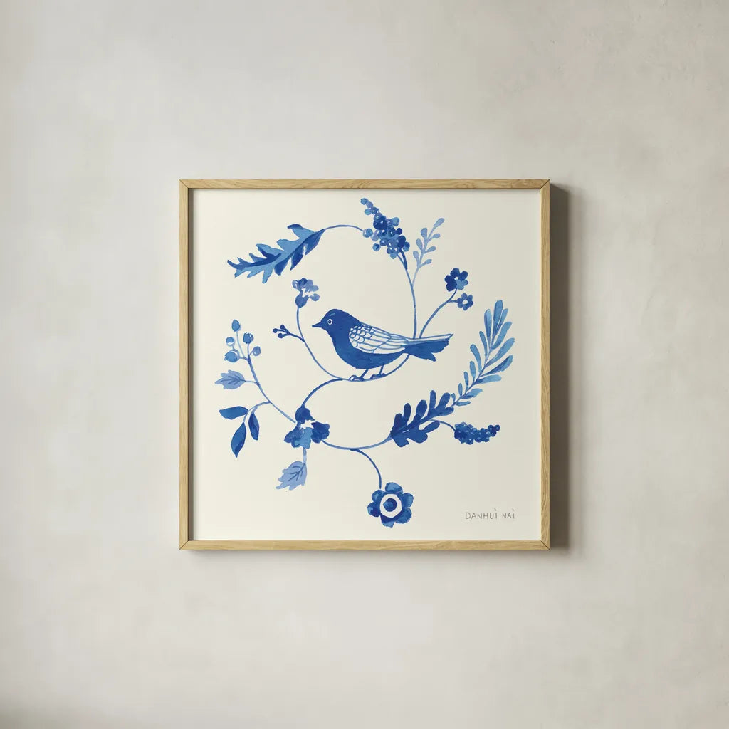 Songbird Celebration III by Danhui Nai. Shown in a natural wood glass frame for a timeless modern aesthetic. Available as an archival giclee rolled canvas, fine art paper, or poster print. SKU 63411a.
