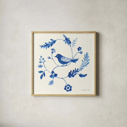 Songbird Celebration III by Danhui Nai. Shown in a natural wood glass frame for a timeless modern aesthetic. Available as an archival giclee rolled canvas, fine art paper, or poster print. SKU 63411a.
