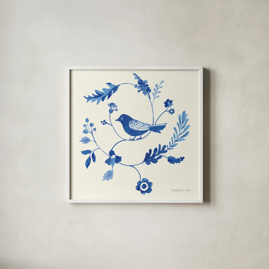 Songbird Celebration III by Danhui Nai. Shown in a crisp white glass frame for a clean and minimalist style. Available as an archival giclee rolled canvas, fine art paper, or poster print. SKU 63411a.