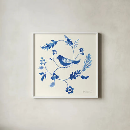 Songbird Celebration III by Danhui Nai. Shown in a crisp white glass frame for a clean and minimalist style. Available as an archival giclee rolled canvas, fine art paper, or poster print. SKU 63411a.