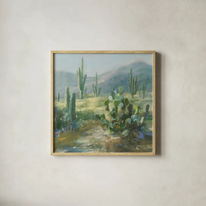 Sonoran Moment by Danhui Nai. Shown in a natural wood glass frame for a timeless modern aesthetic. Available as an archival giclee rolled canvas, fine art paper, or poster print. SKU 81738a.