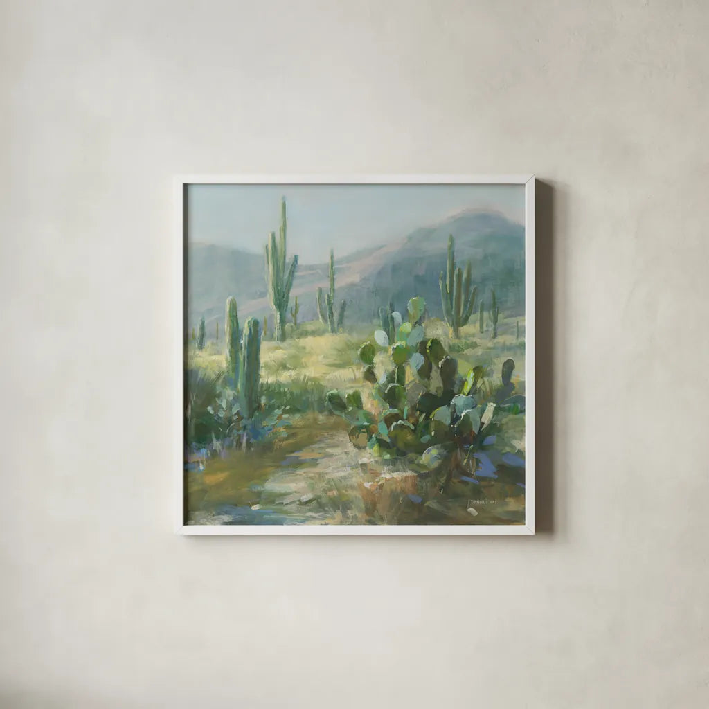 Sonoran Moment by Danhui Nai. Shown in a crisp white glass frame for a clean and minimalist style. Available as an archival giclee rolled canvas, fine art paper, or poster print. SKU 81738a.