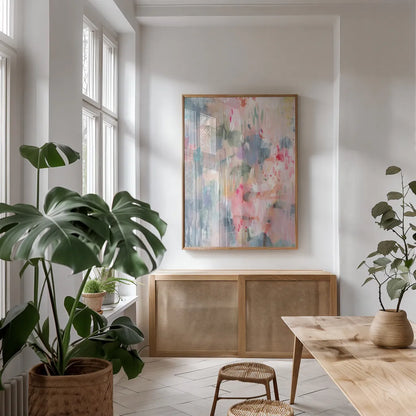 Soothing Abstract by Danhui Nai. shown as a print in a natural wood frame in a dining room. Available as a archival giclee rolled canvas, fine art paper, or poster print. SKU 69679h.