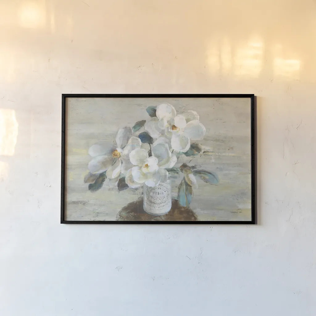 Sophies Magnolia Neutral by Danhui Nai. shown as a paper print in a black flame. Available as a archival giclee rolled canvas, fine art paper, or poster print. SKU 76366i.