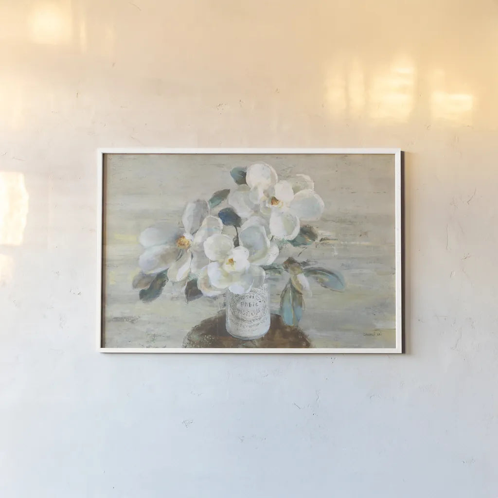 Sophies Magnolia Neutral by Danhui Nai. shown as a paper print in a white frame. Available as a archival giclee rolled canvas, fine art paper, or poster print. SKU 76366i.