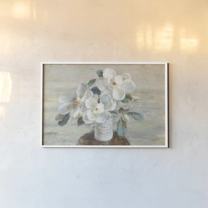 Sophies Magnolia Neutral by Danhui Nai. shown as a paper print in a white frame. Available as a archival giclee rolled canvas, fine art paper, or poster print. SKU 76366i.