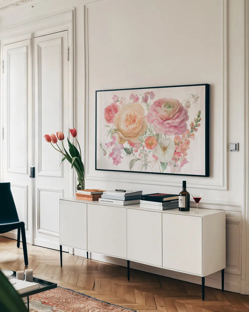 Sorbet Floret I by Danhui Nai. shown as a framed stretched canvas in a living room above a console. Available as a archival giclee rolled canvas, fine art paper, or poster print. SKU 78807i.