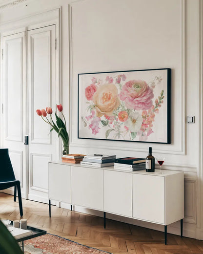 Sorbet Floret I by Danhui Nai. shown as a framed stretched canvas in a living room above a console. Available as a archival giclee rolled canvas, fine art paper, or poster print. SKU 78807i.