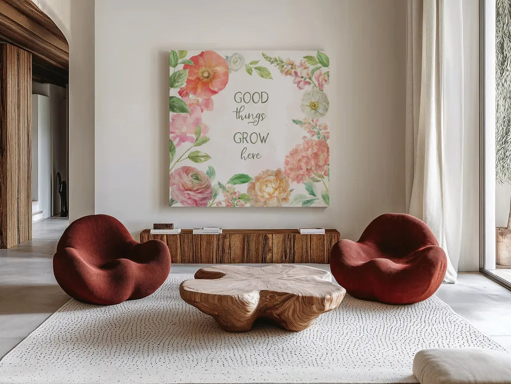 Sorbet Floret VI by Danhui Nai. Shown as extra-large giant wall art in a modern living room. Available as an archival giclee rolled canvas, fine art paper, or poster print. SKU 79858a.