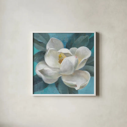 Southern Bloom by Danhui Nai. Shown in a crisp white glass frame for a clean and minimalist style. Available as an archival giclee rolled canvas, fine art paper, or poster print. SKU 66049a.