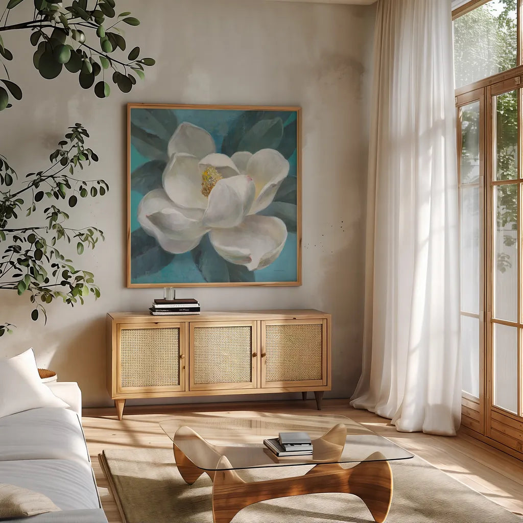 Southern Bloom by Danhui Nai. Shown in a natural wood frame in a cozy modern living room. Available as an archival giclee rolled canvas, fine art paper, or poster print. SKU 66049a.